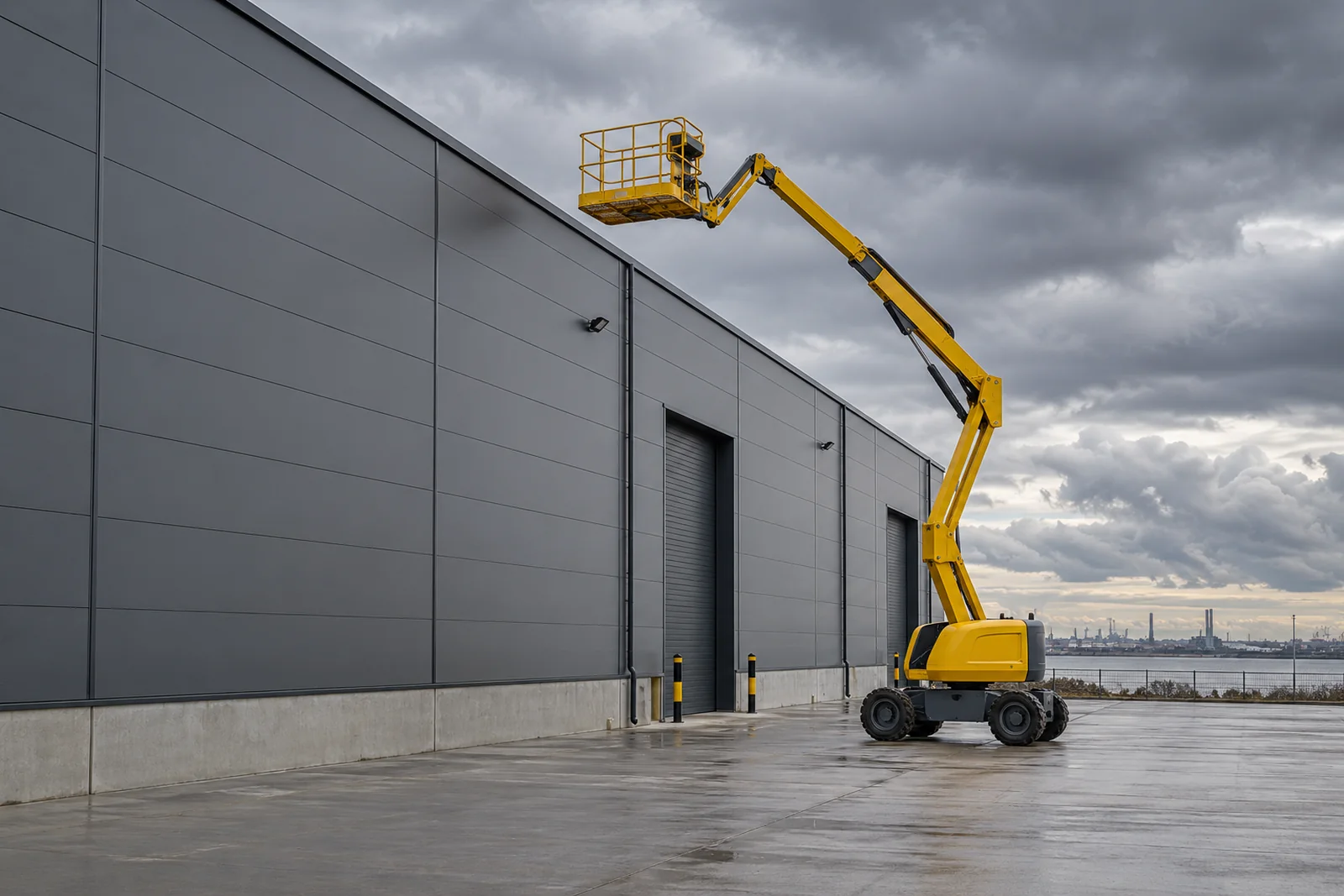 Yellow articulated cherry picker beside a grey commercial warehouse