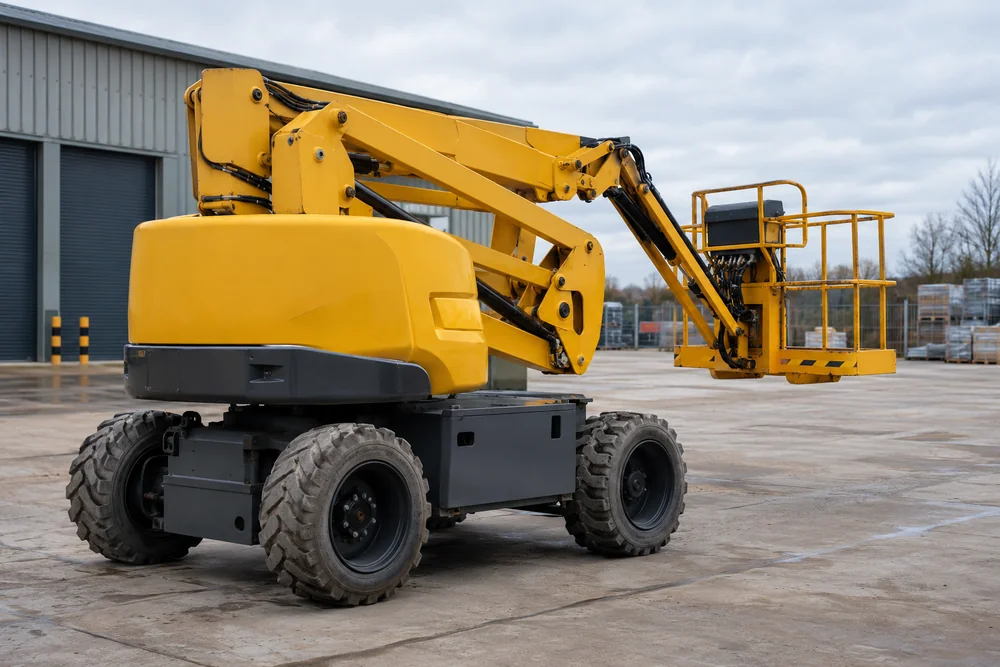 Articulated mobile elevating work platform parked in an industrial yard