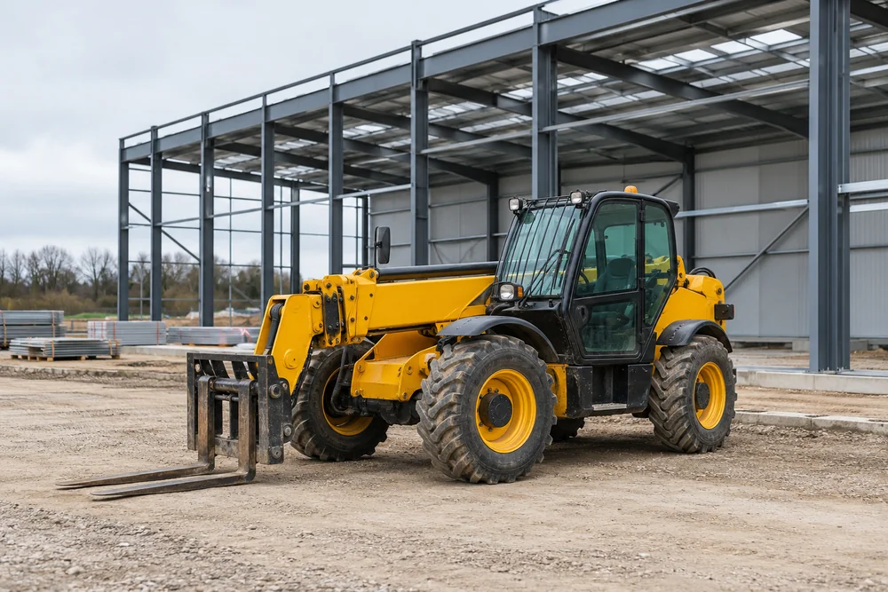 Telehandler with forks lowered on a commercial construction site